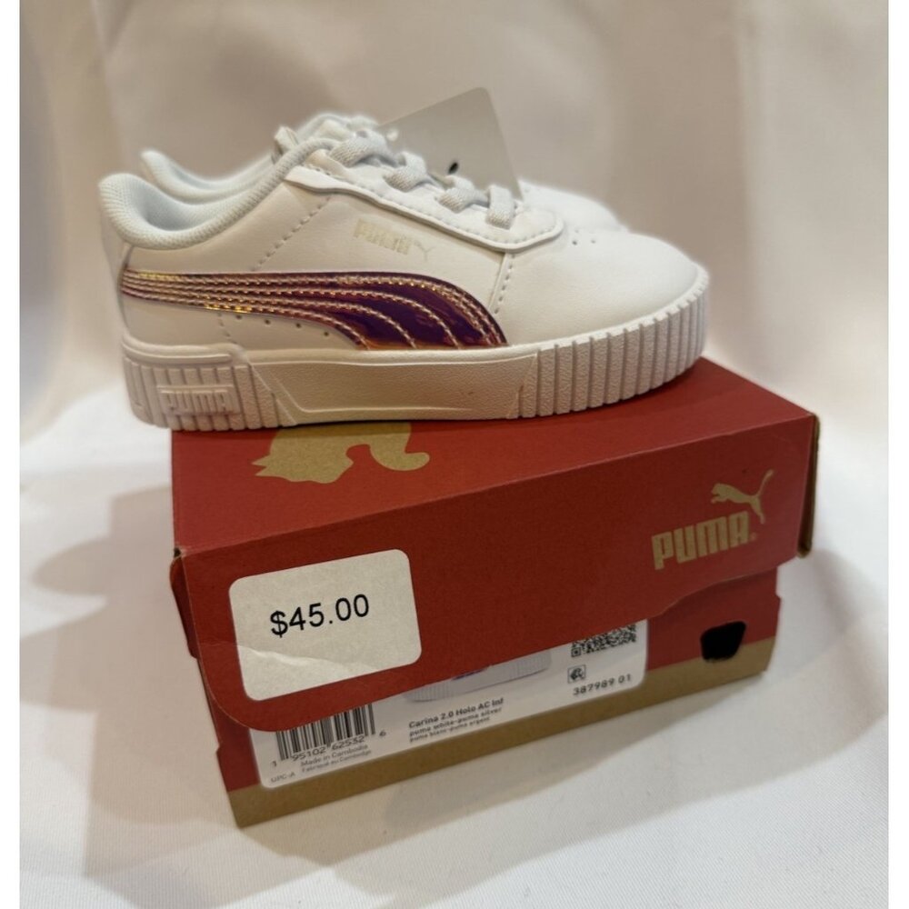 Puma Size 7C Girls Carina 2.0 Holo Toddler White Athletic Shoes Sneakers 7 Kids